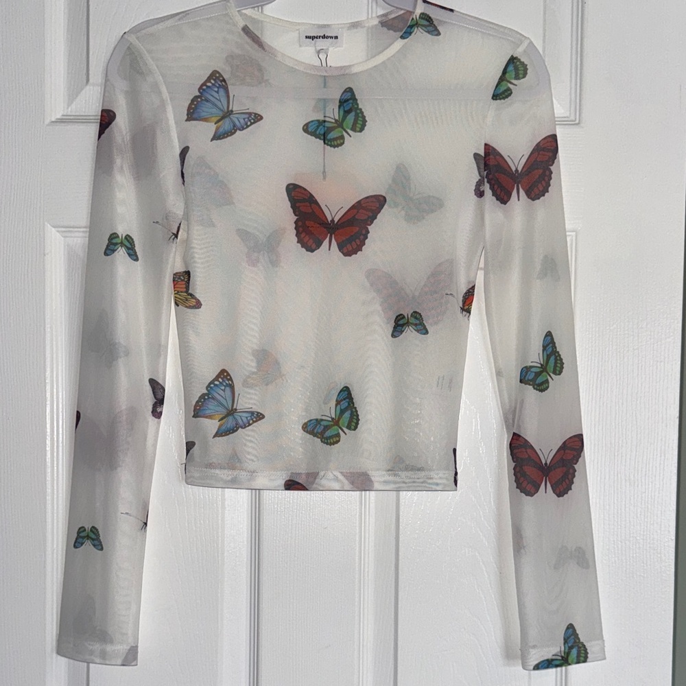 superdown Sheer White Long-Sleeve Top with Multicolor Butterfly Print
